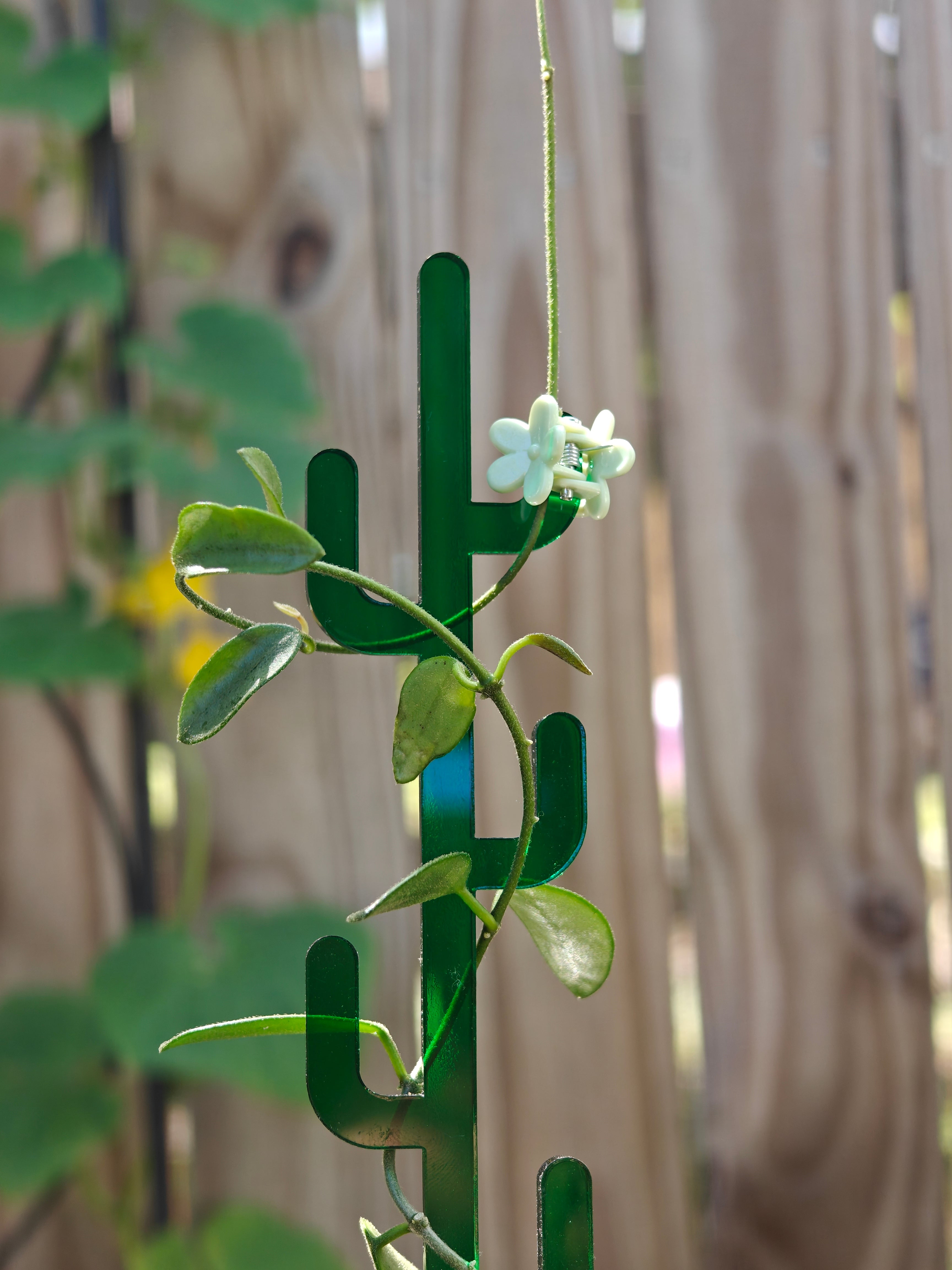 Green acrylic cactus-shaped plant support with a small white flower against a blurred natural background